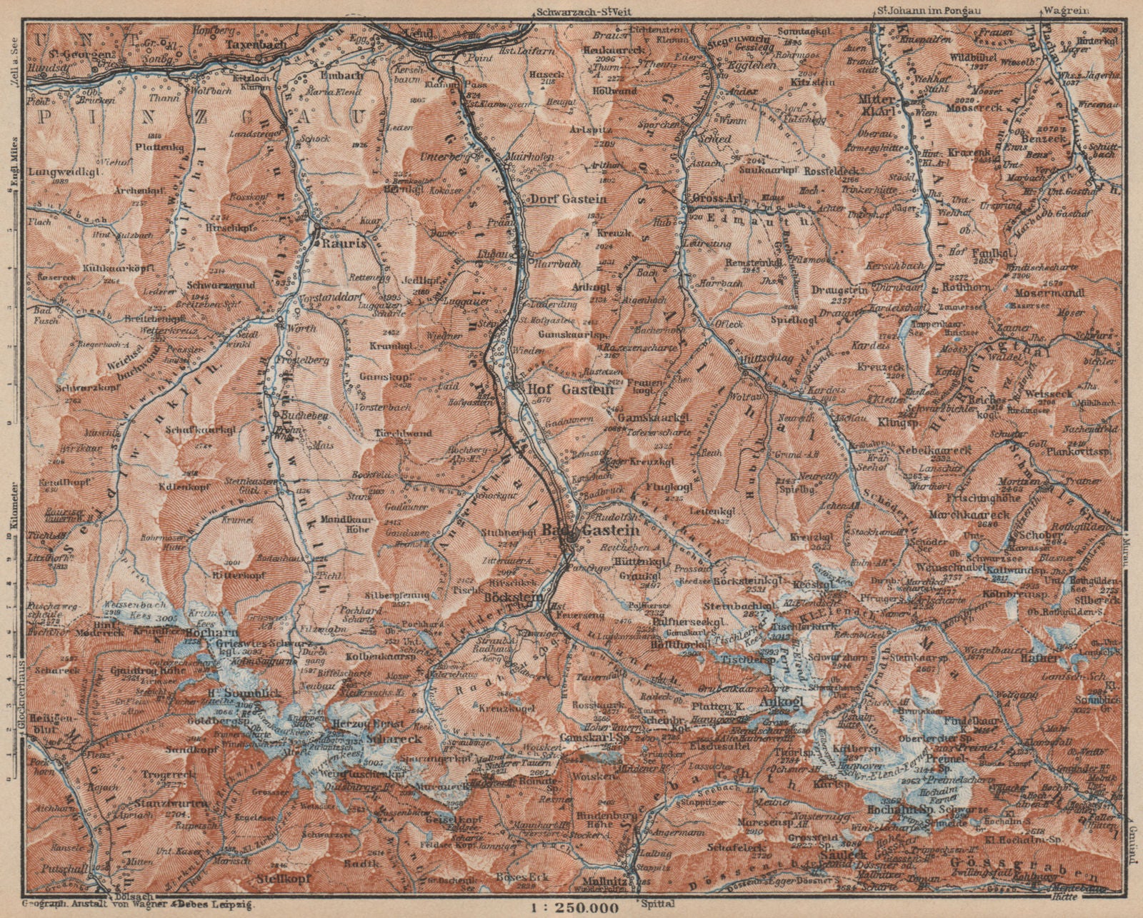HOHE TAUERN & GASTEINER TAL Ankogelgruppe Goldberggruppe Bad Gastein 1929 map
